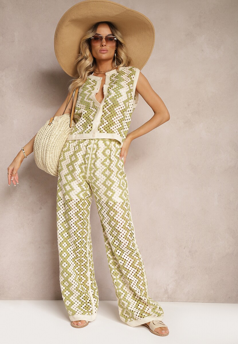 Zielono-Beżowa Bawełniana Bluzka Kamizelka o Ażurowym Wykończeniu z Zapięciem na Guziki Avetta