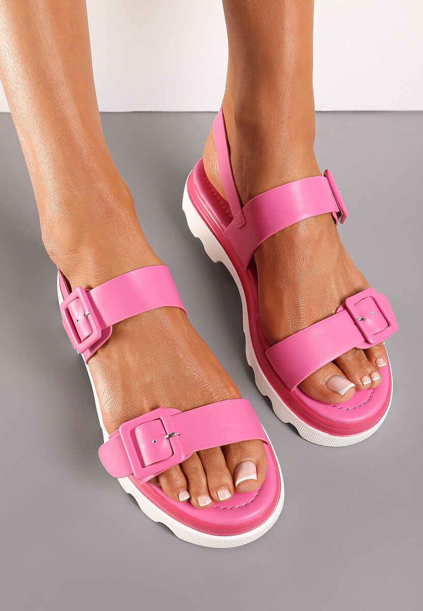 Fuksjowe Sandały z Imitacji Skóry z Dwiema Sprzączkami i Elastycznym Paskiem na Pięcie Risavia