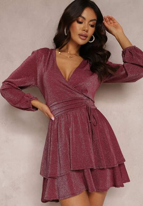 Bordowa Sukienka Rozkloszowana z Metaliczną Nitką Necile