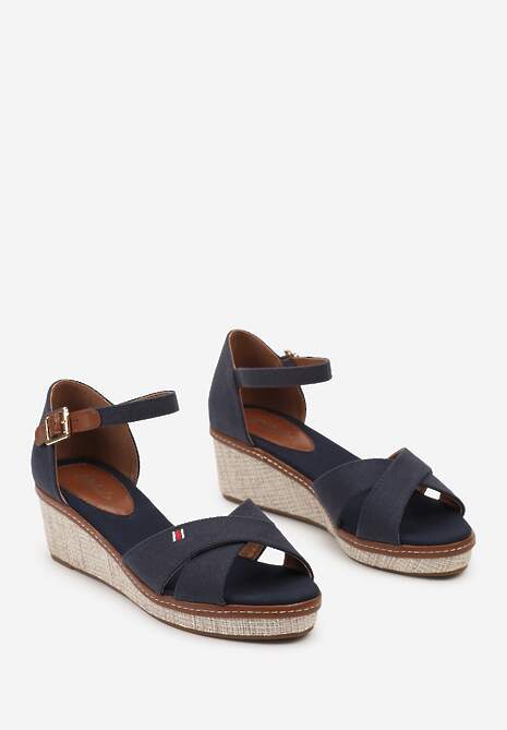 Granatowe Sandały na Koturnie z Ozdobną Plecionką Zapinane na Sprzączkę Gwendes