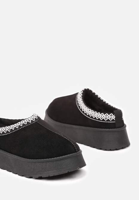 Czarne Śniegowce z Ekozamszu na Platformie z Niską Cholewką z Ozdobnym Haftem Garvia