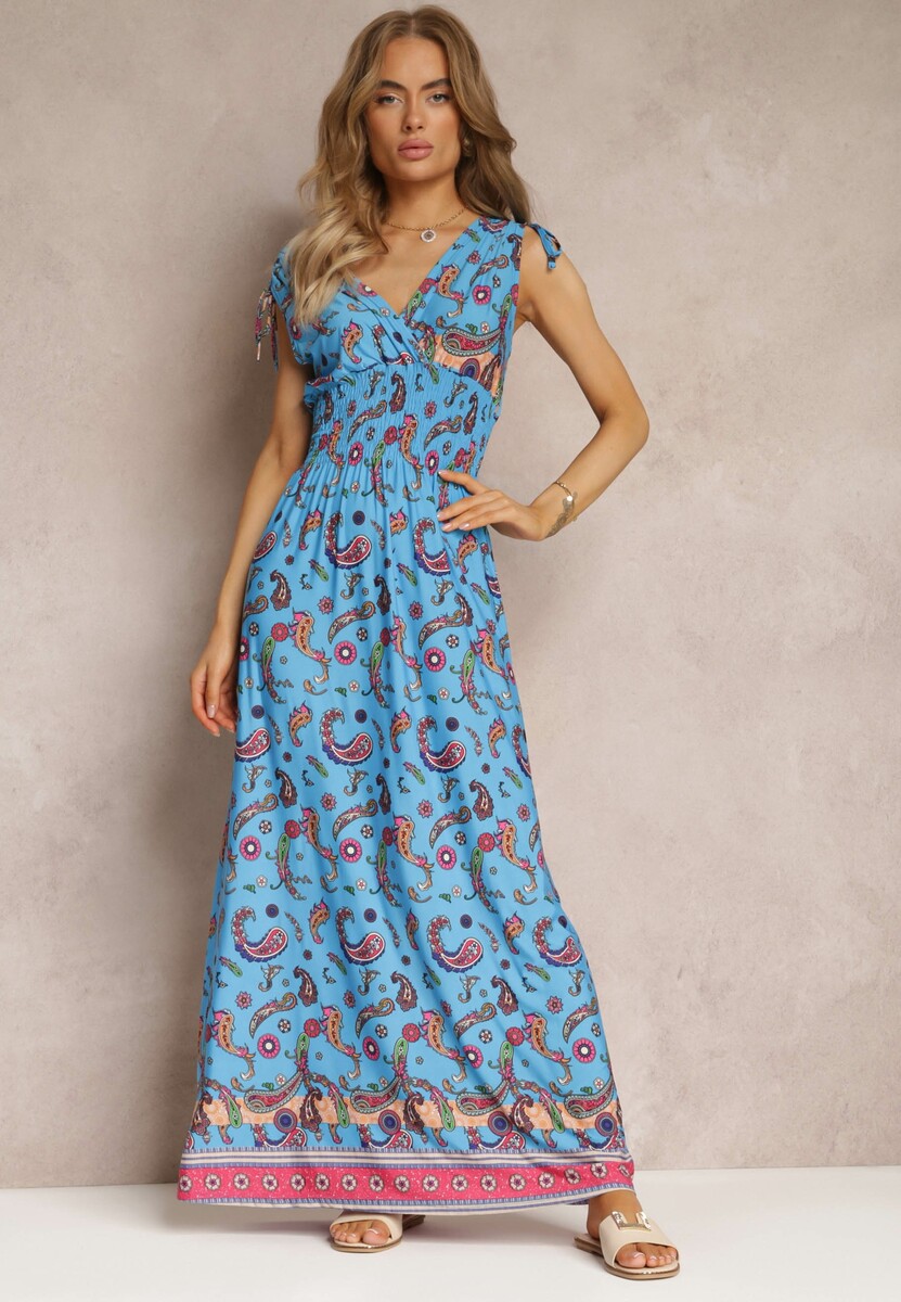 Ciemnoniebieska Sukienka Maxi we Wzór Pailsey z Rozkloszowanym Dołem i Gumką w Talii Kinslei