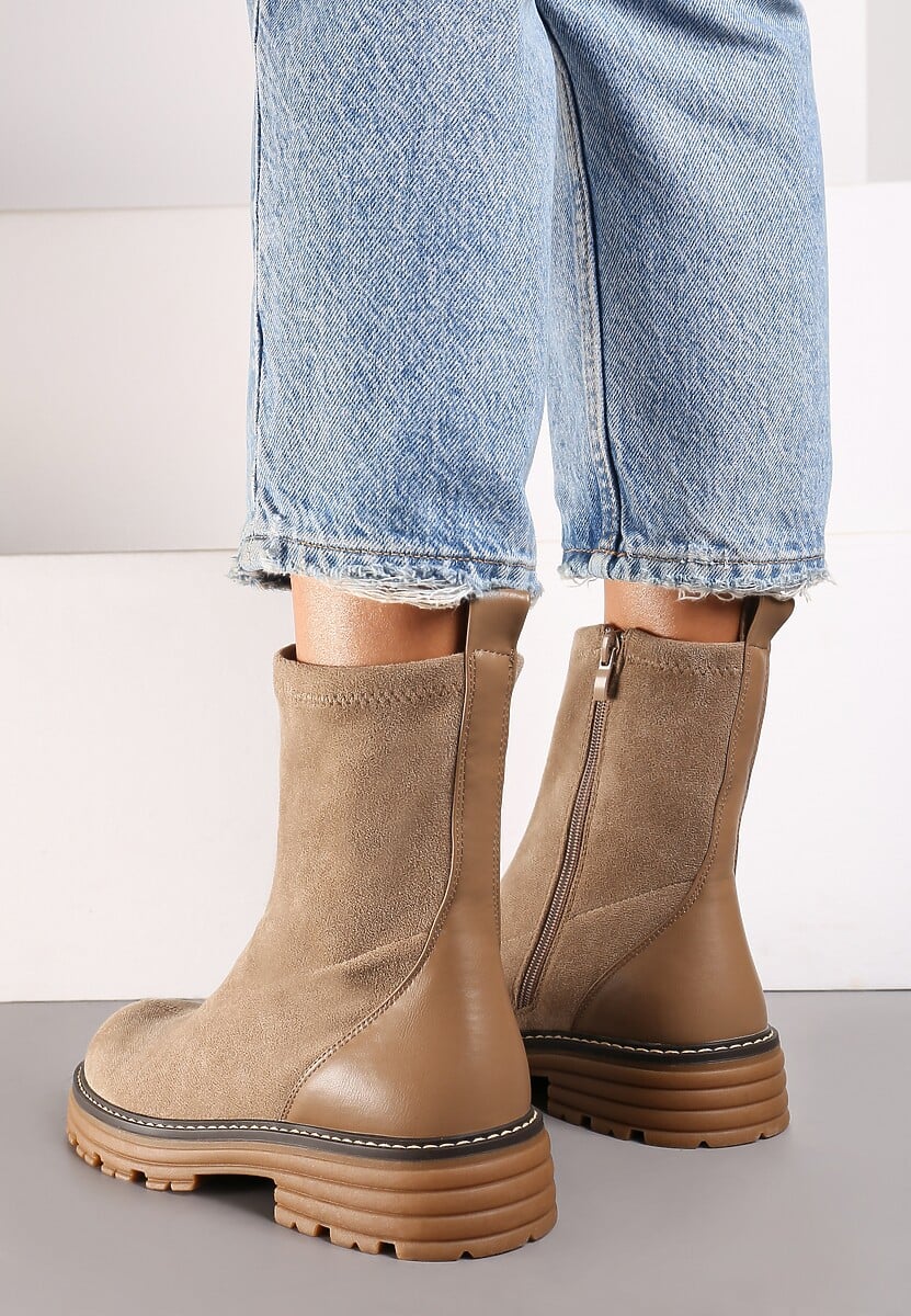 Beżowe Botki na Płaskiej Podeszwie Ozdobione Kontrastowym Elementem Vioriela