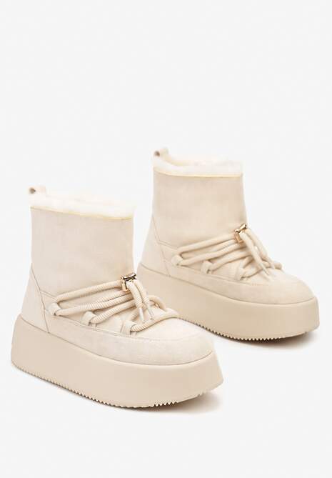 Beżowe Śniegowce na Grubej Podeszwie Bez Zapięć z Imitacją Sznurowadeł Kaithena