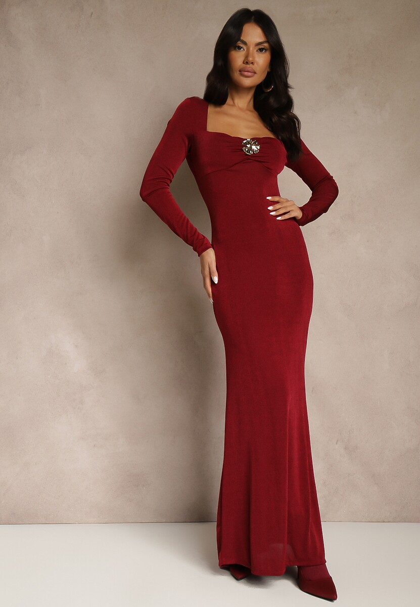 Brązowa Taliowana Sukienka Koktajlowa Lonsgleeve z Elegancką Aplikacją Idirena