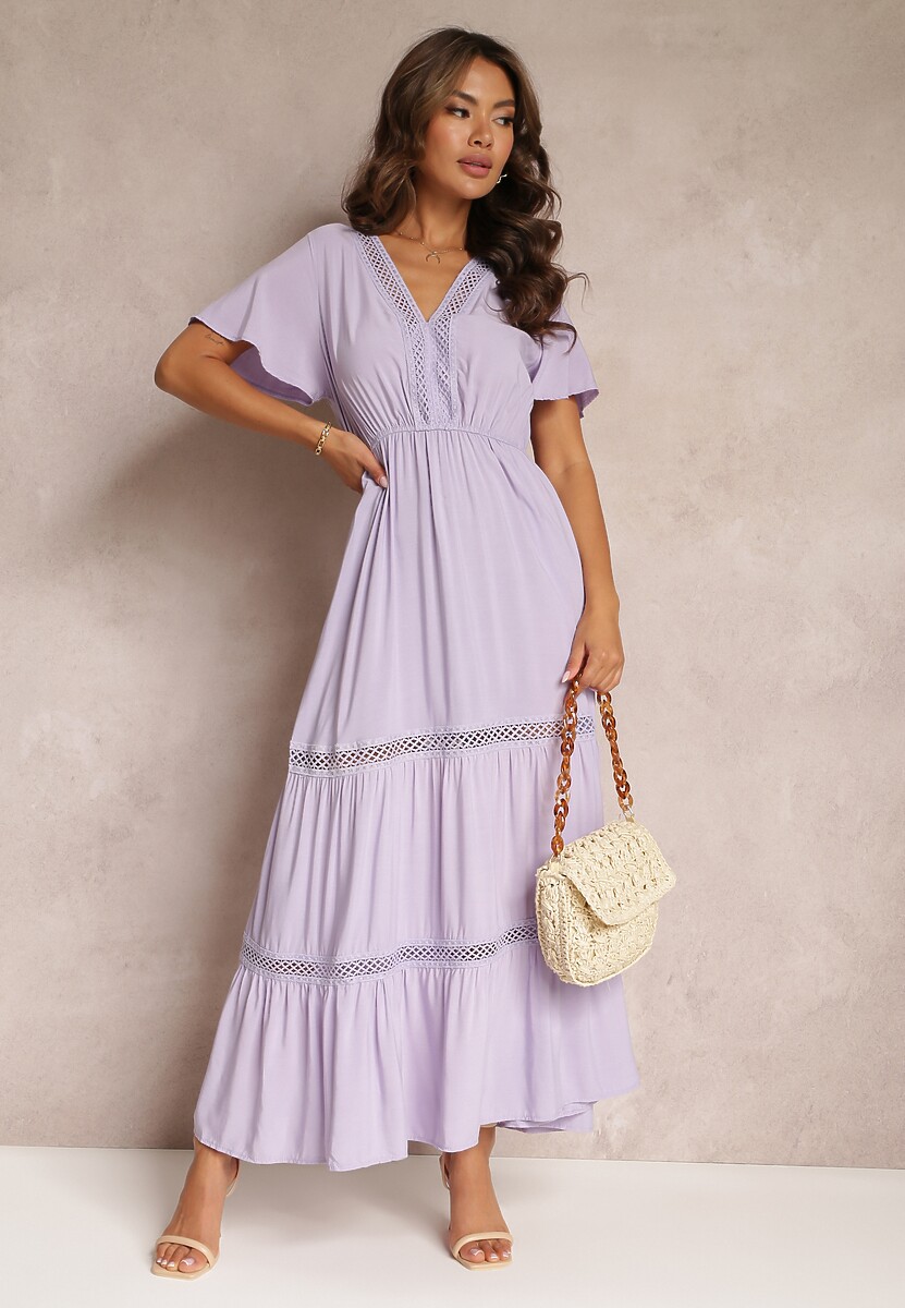 Fioletowa Rozkloszowana Sukienka Maxi z Gumką w Talii i Koronkowym Dekoltem Cheteia