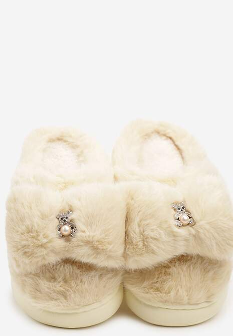 Żółte Futrzane Kapcie Ozdobione Misiem i Kokardą Tinatoria