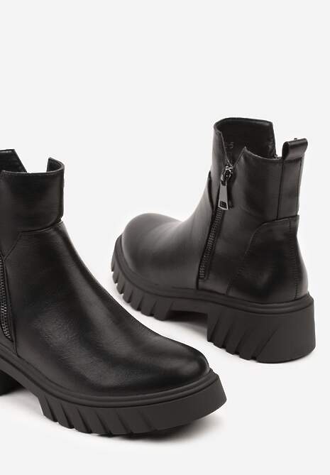 Czarne Botki do Kostki z Suwakiem na Grubej Podeszwie z Tłoczeniami Redvira