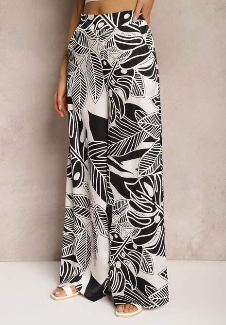 Czarno-Białe Spodnie z Szerokimi Nogawkami HIgh Waist z Gumką w Talii Dimnia