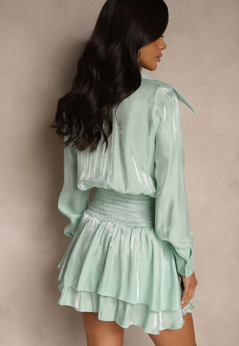 Jasnozielona Wiskozowa Sukienka o Koszulowym Fasonie z Falbanami Lioelle