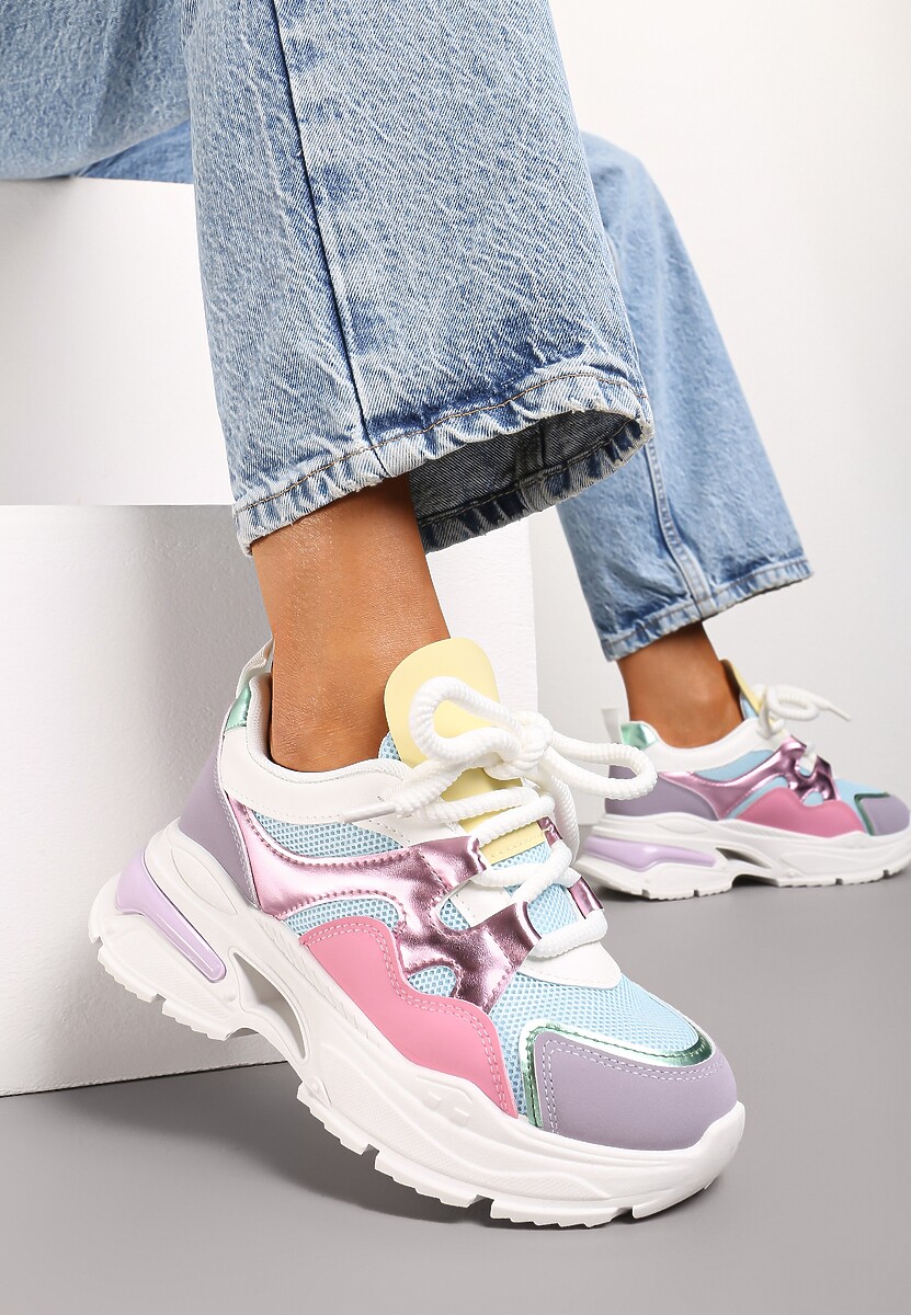 Różowo-Fioletowe Sneakersy na Platformie z Wycięciem i Grubymi Sznurówkami Bosylia