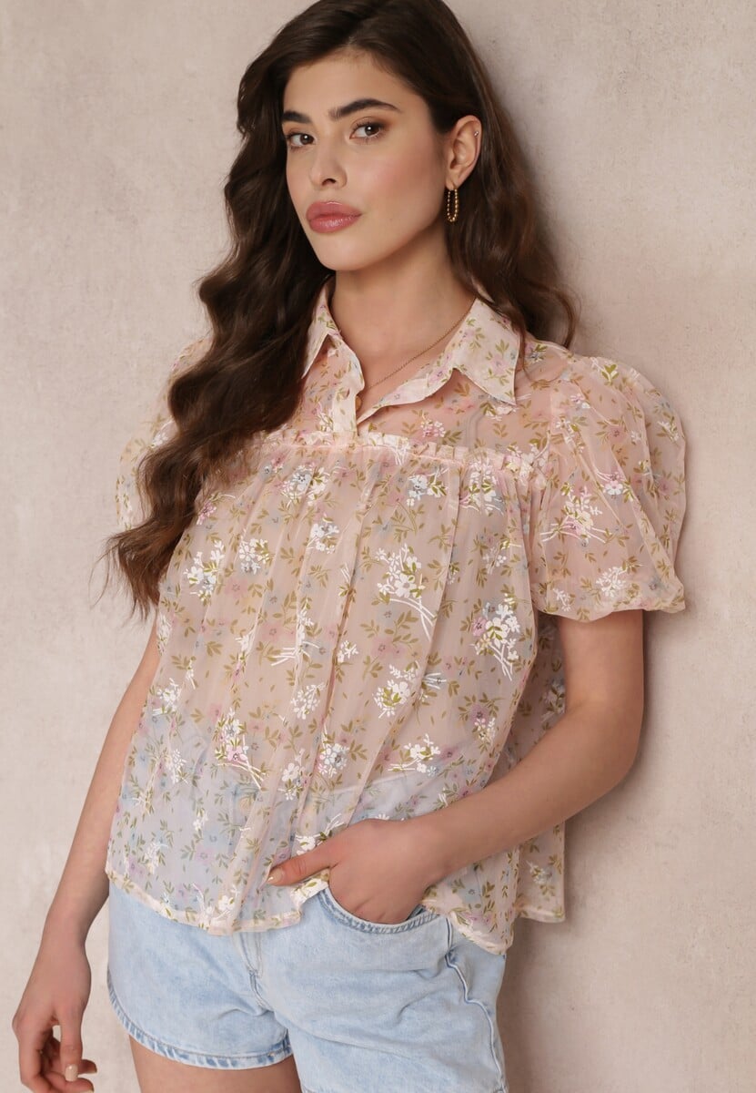 Beżowa Siateczkowa Bluzka w Kwiaty z Kołnierzem Kiasia