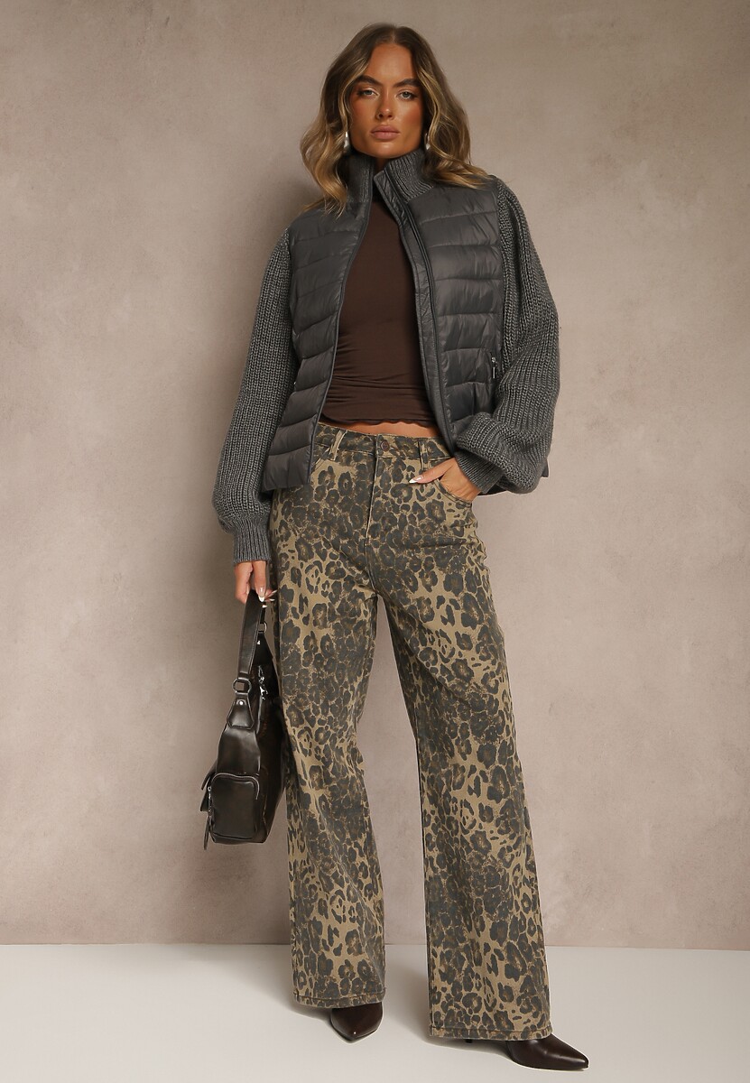 Szara Kurtka ze Sweterkowego Materiału i z Ozdobnym Pikowaniem Vertinae