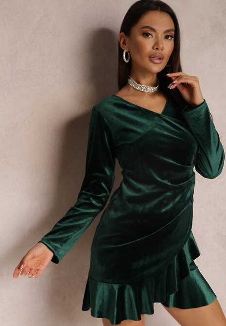 Ciemnozielona Sukienka Welurowa z Marszczeniem i Falbanką Moke
