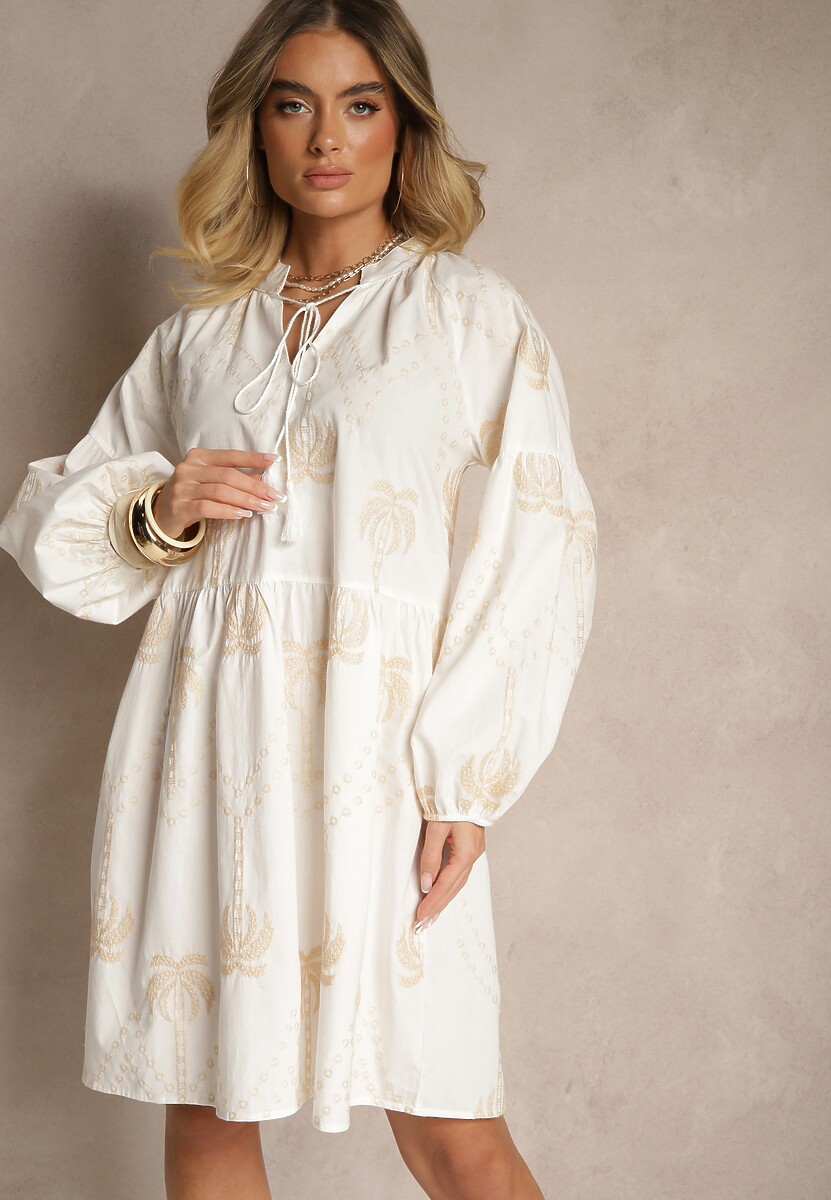 Biała Sukienka z Bawełny Ozdobiona Wiązaniem i Wzorem w Palmy Evialissae