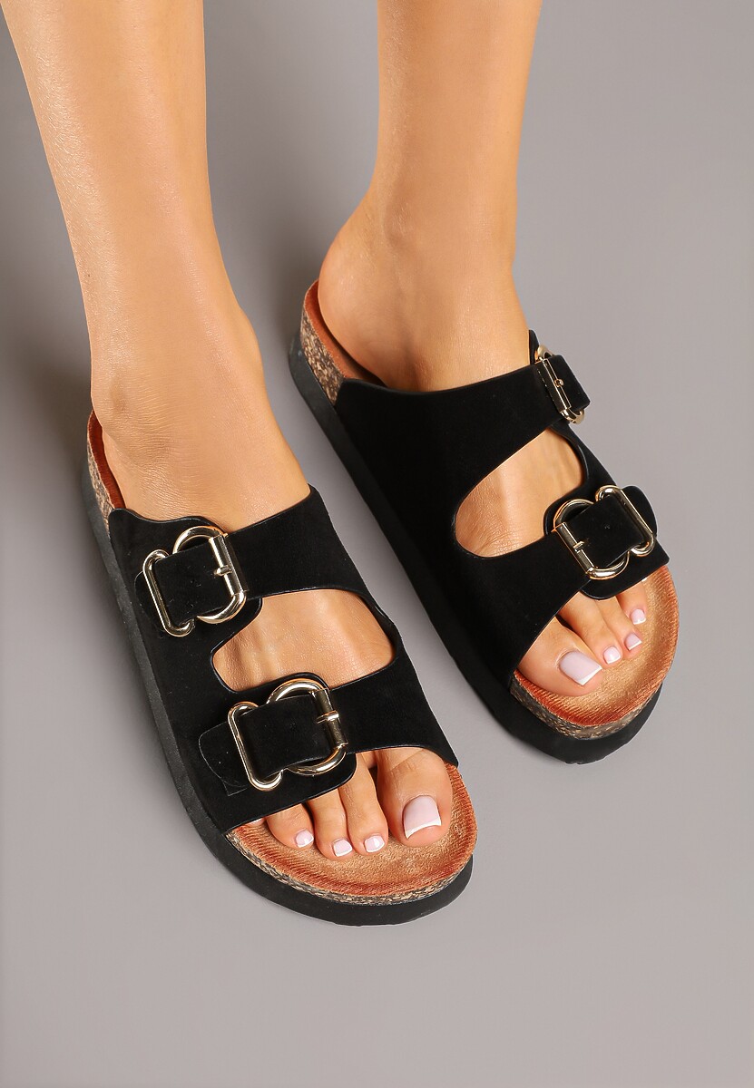 Czarne Klapki na Platformie z Korka Ozdobione Klamrami Artelli