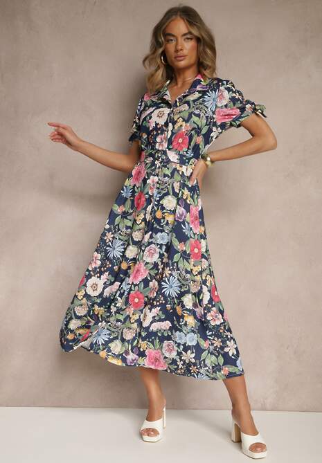 Granatowa Koszulowa Sukienka w Kwiaty o Rozkloszowanym Fasonie z Paskiem Fevalirra