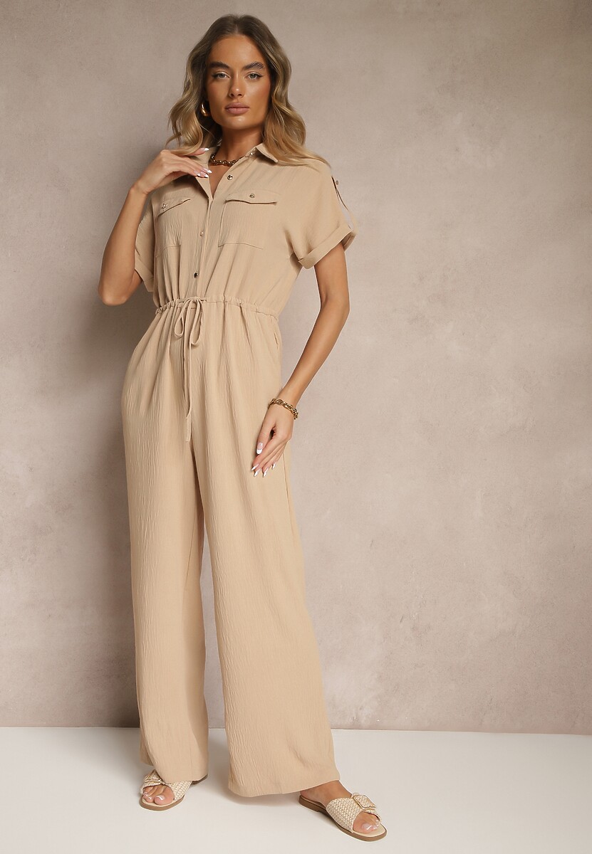 Beżowy Koszulowy Kombinezon z Krótkim Rękawem Wiązany w Pasie Maraisla