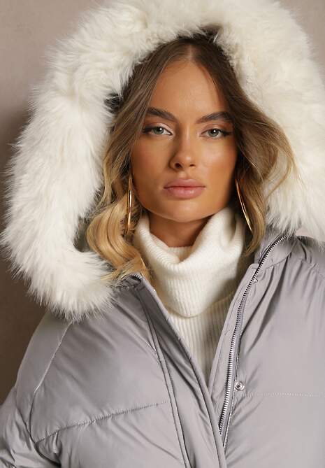 Jasnoszara Kurtka z Kieszeniami i Odpinanym Kołnierzem z Futerka Nomilaine