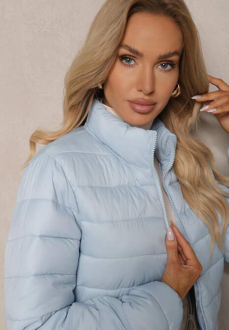 Jasnoniebieska Kurtka z Pikowaną Odpinaną Stroną i Odpinanym Kapturem Doriona