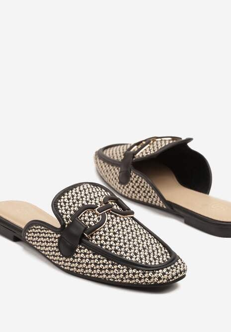 Czarne Klapki Mule Ozdobione Plecionką i Klamrą Nimiriella