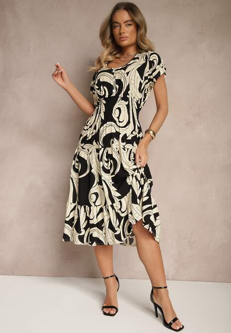 Czarna Bawełniana Sukienka z Abstrakcyjnym Motywem i Guzikami Talivea