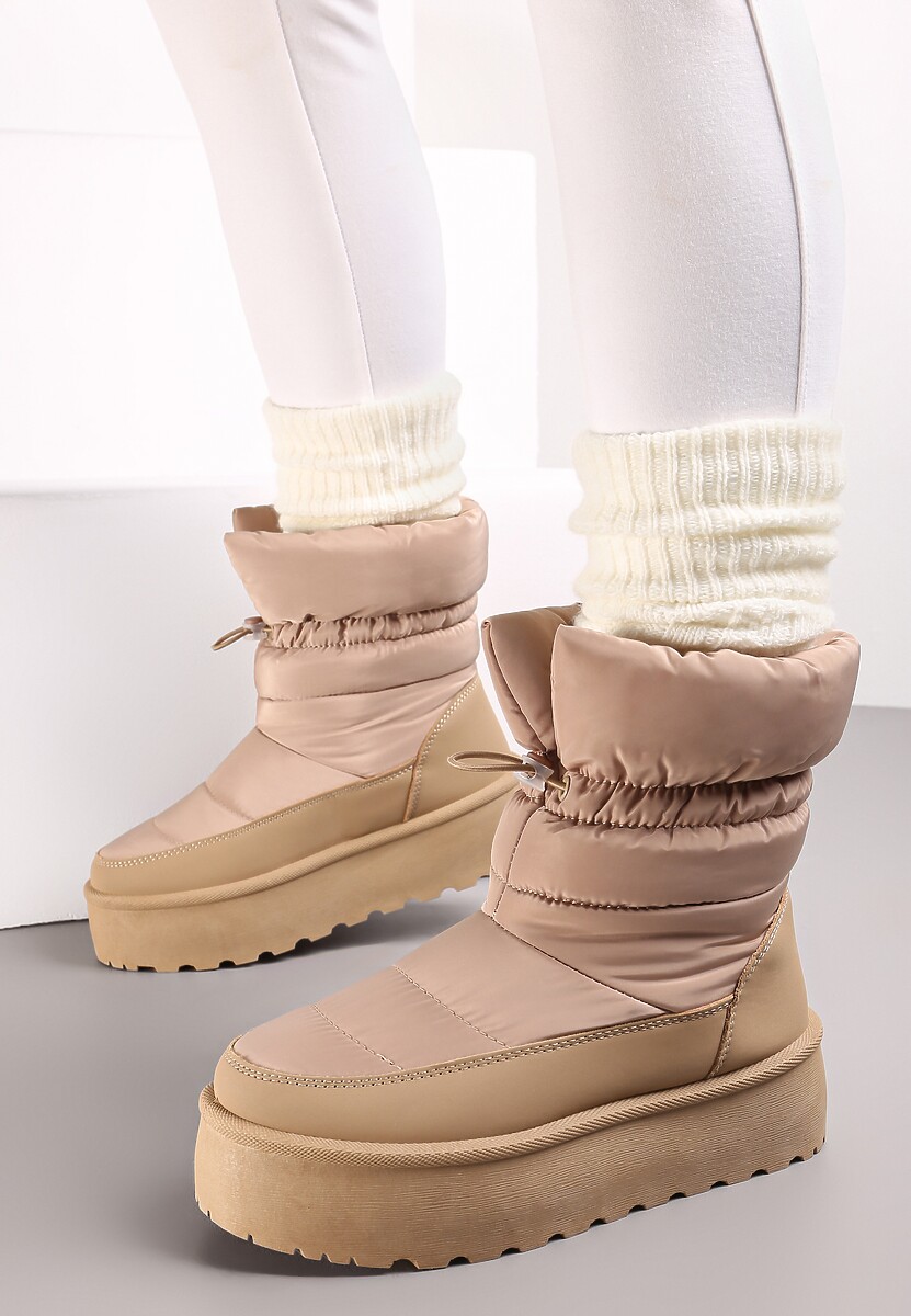 Ciemnobeżowe Śniegowce ze Ściągaczem na Grubej Podeszwie Lunne