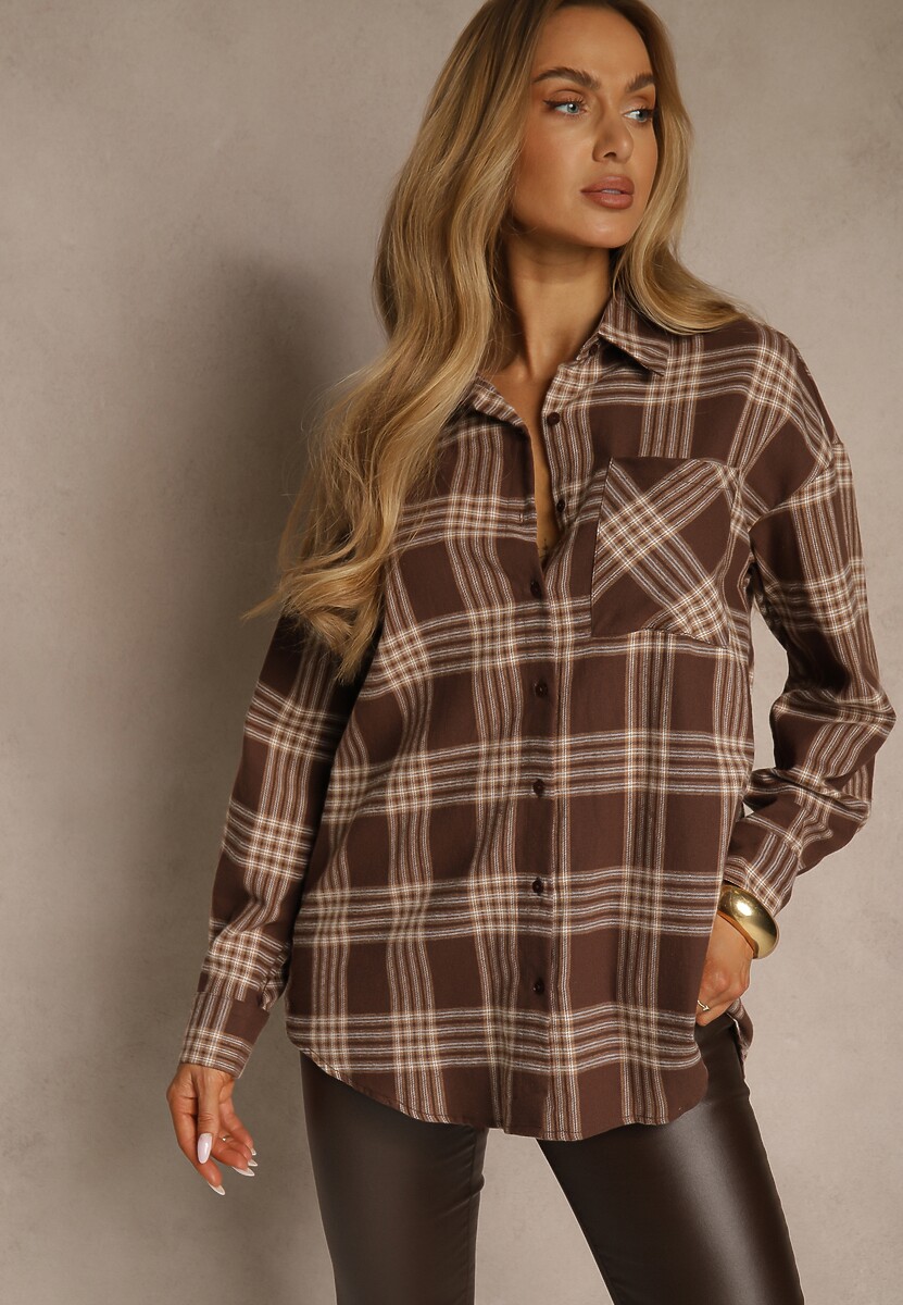 Brązowa Koszula z Bawełny Ozdobiona Kratą Monitela