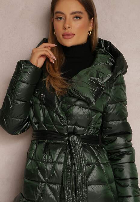 Ciemnozielona Kurtka za Kolano z Wiązanym Paskiem i Kapturem Feome