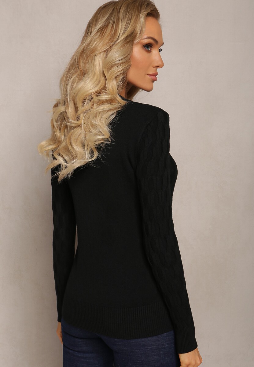 Czarny Sweter z Okrągłym Dekoltem i Tłoczeniami w Kształcie Liści Timaphone
