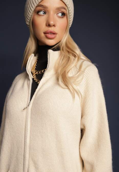 Jasnobeżowy Długi Kardigan o Prostym Kroju ze Stójką z Domieszką Wełny i Zapięciem na Suwak Bonitana