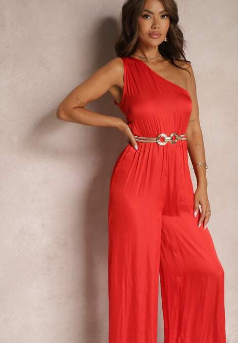 Czerwony Koktajlowy Kombinezon na Jedno Ramię z Szerokimi Nogawkami i Gumką w Talii Vimalitas