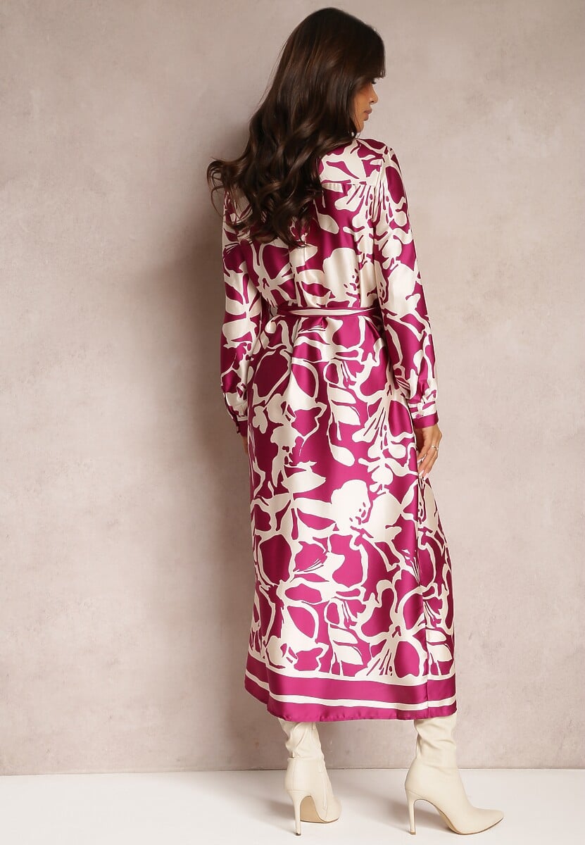 Fioletowa Satynowa Sukienka Koszulowa w Kwiaty z Paskiem Zatwala