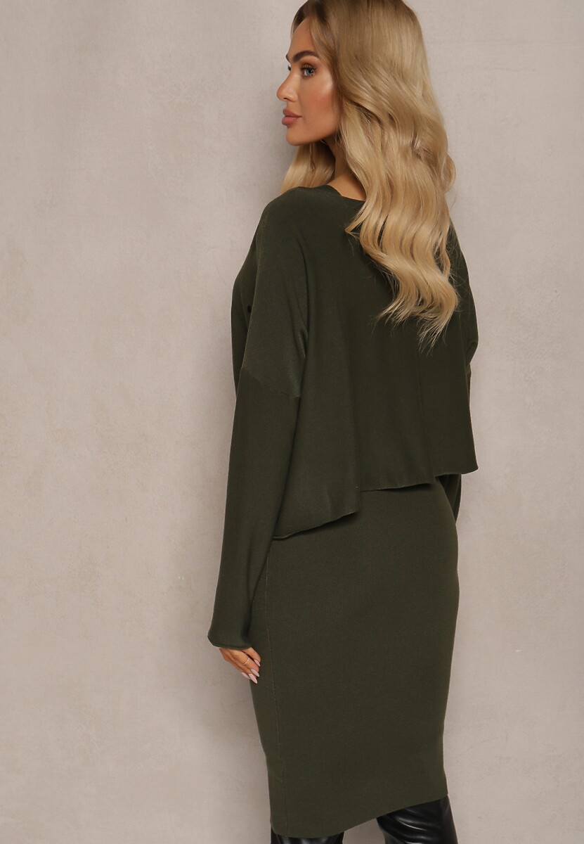 Zielony Dzianinowy Komplet z Wiskozą Sukienka o Dopasowanym Kroju i Sweter z Cyrkoniami Norathra