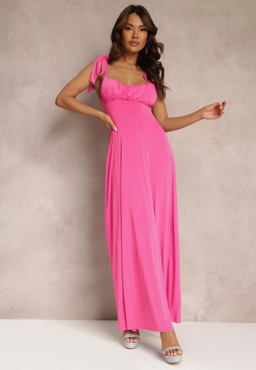 Jasnobeżowa Długa Sukienka z Marszczonym Dekoltem i Wiązanymi Ramiączkami Rozvita