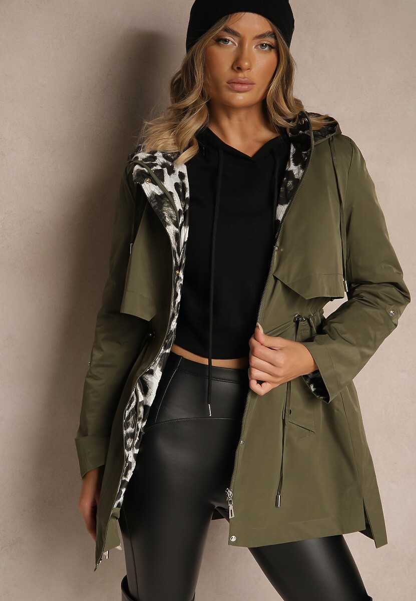 Zielona Kurtka Parka Ozdobiona Sznurkami przy Odpinanym Kapturze Loriballe