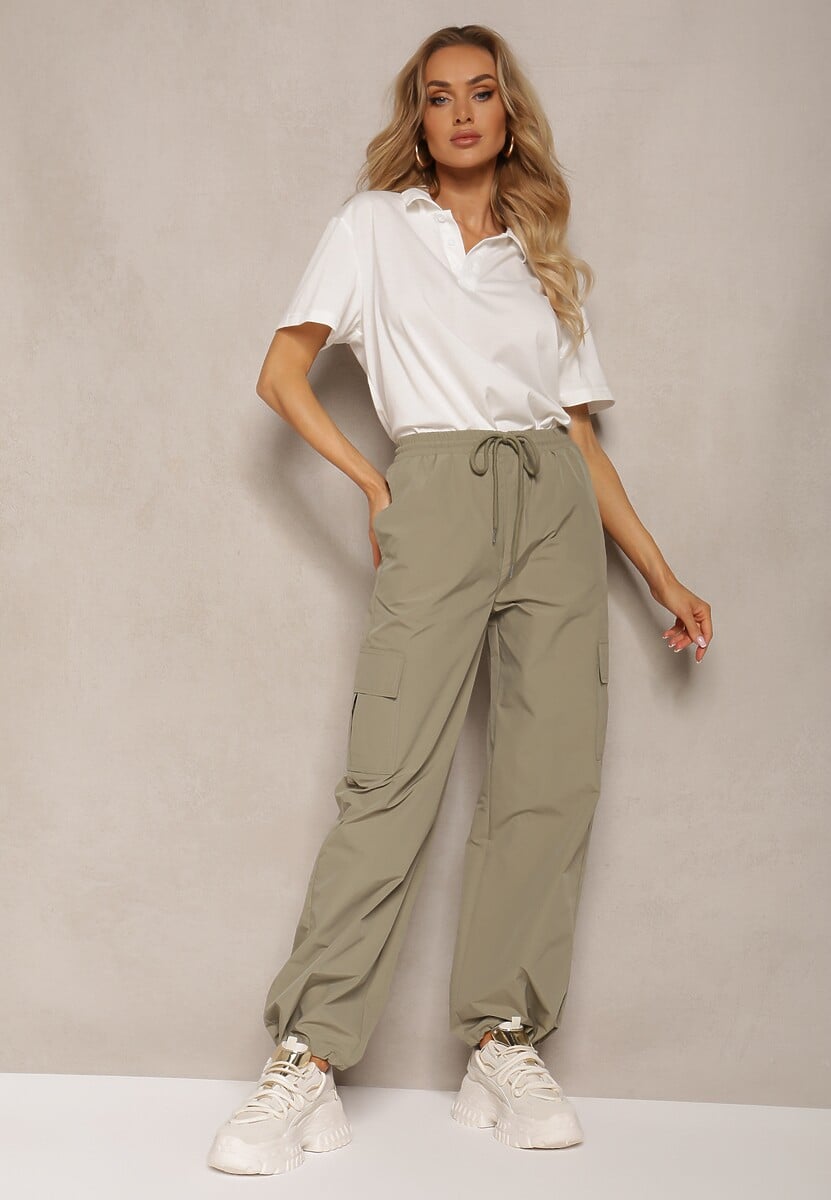 Zielone Bojówki Spodnie z Gumką w Pasie z Szerokimi Nogawkami ze Ściągaczami Nellava