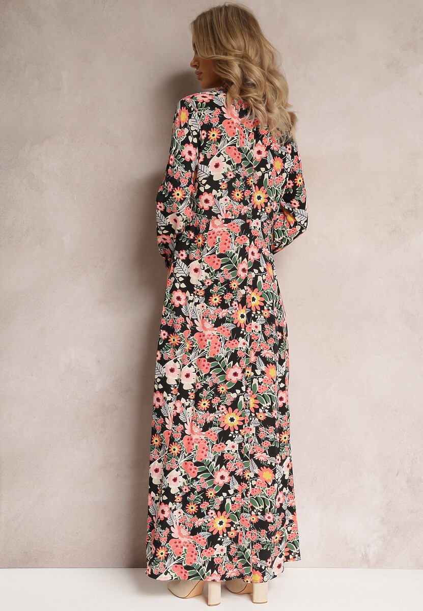 Czarno-Czerwona Koszulowa Sukienka Maxi z Podpinanymi Rękawami w Kwiatowy Wzór c