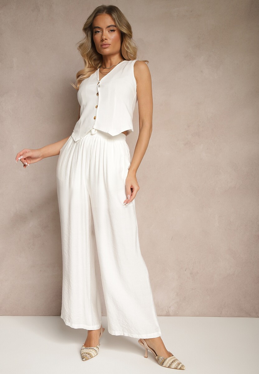 Białe Spodnie o Szerokim Kroju High Waist z Wiązaniem Fenalin