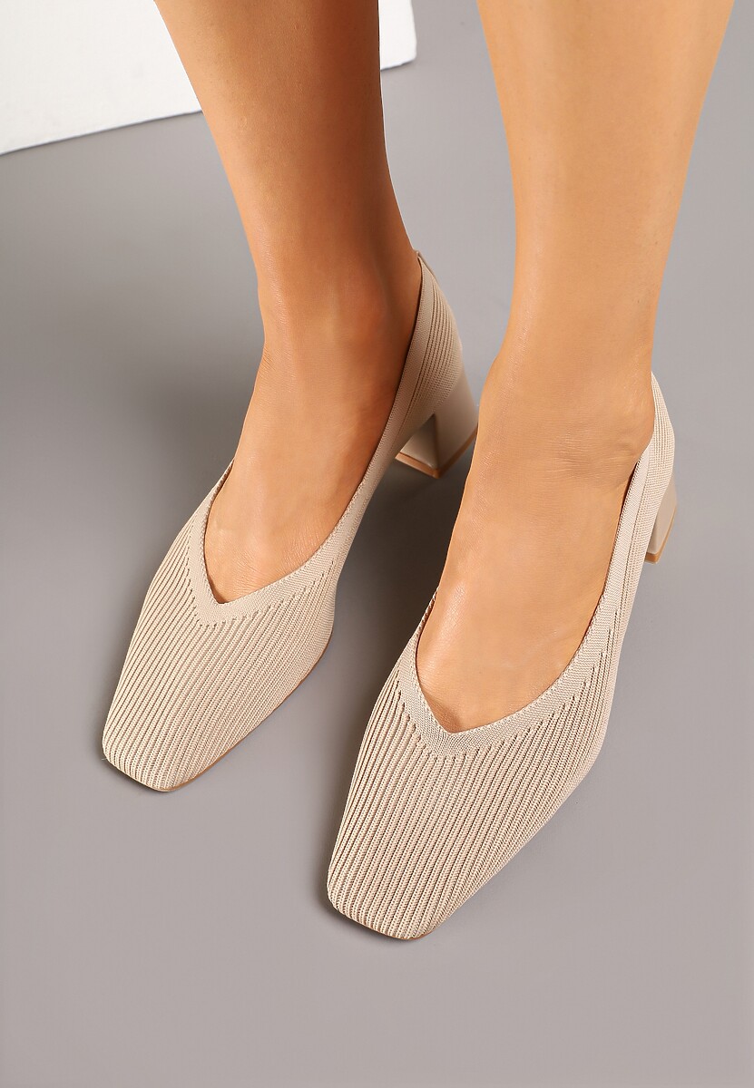 Beżowe Prążkowane Czółenka na Słupkowym Obcasie Fenellin