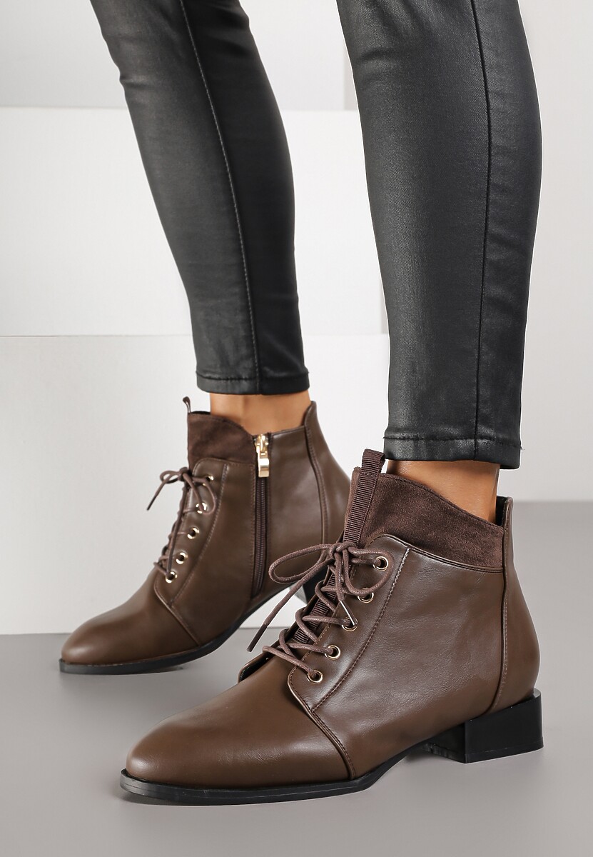 Brązowe Botki Trzewiki Vices Ozdobione Przeszyciami Vamine