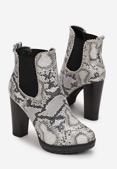 Wężowe Botki na Słupku z Gumką i Ozdobnymi Nitami Say It