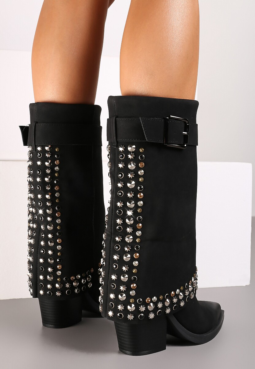Czarne Botki z Cholewką Imitującą Nogawkę Ozdobione Ćwiekami i Klamrą Verivelle