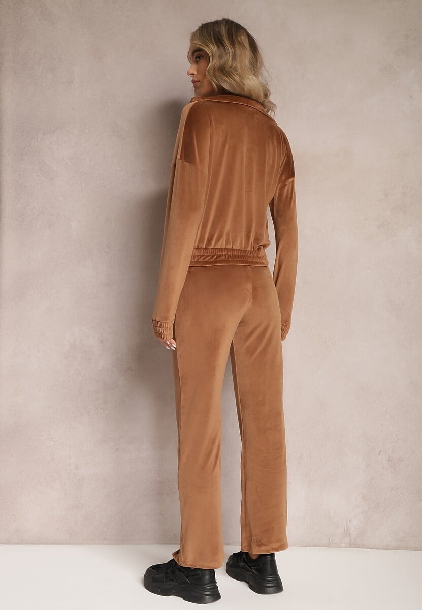 Brązowy Welurowy Komplet Dresowy z Bluzą i Spodniami Lunamea