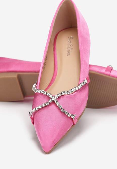 Fuksjowe Balerinki ze Szpiczastym Noskiem  i Ozdobnym Paskiem z Cyrkoniami Tinara