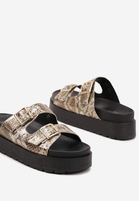 Złote Wężowe Klapki na Platformie z Paskami  ze Sprzączkami Kaliora
