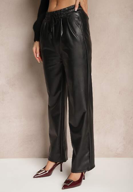 Czarne Szerokie Spodnie High Waist z Imitacji Skóry Narlemi