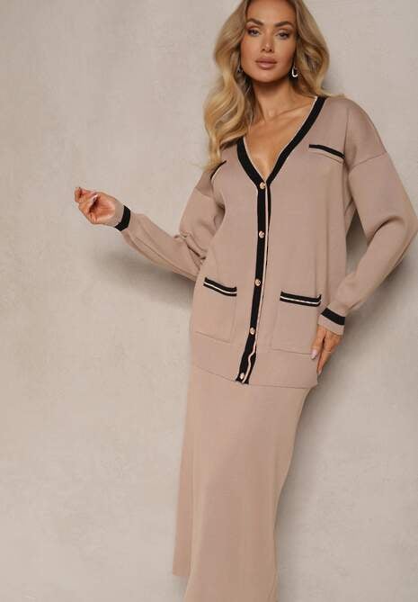 Beżowy Wiskozowy Komplet Kardigan na Guziki z Lamówką i Dopasowana Spódnica Tamorin