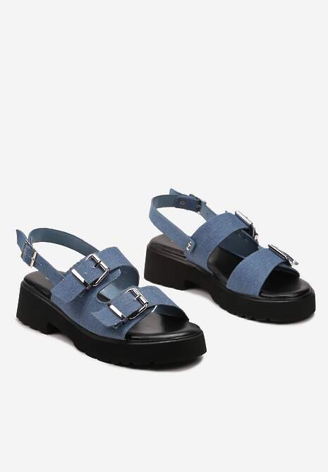 Niebieskie Sandały na Płaskim Obcasie z Ozdobnymi Sprzączkami Tragia