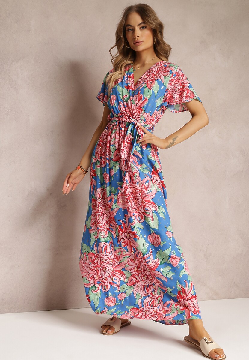 Niebiesko-Różowa Wiskozowa Sukienka Maxi z Kopertowym Dekoltem z Gumką w Talii Lynette